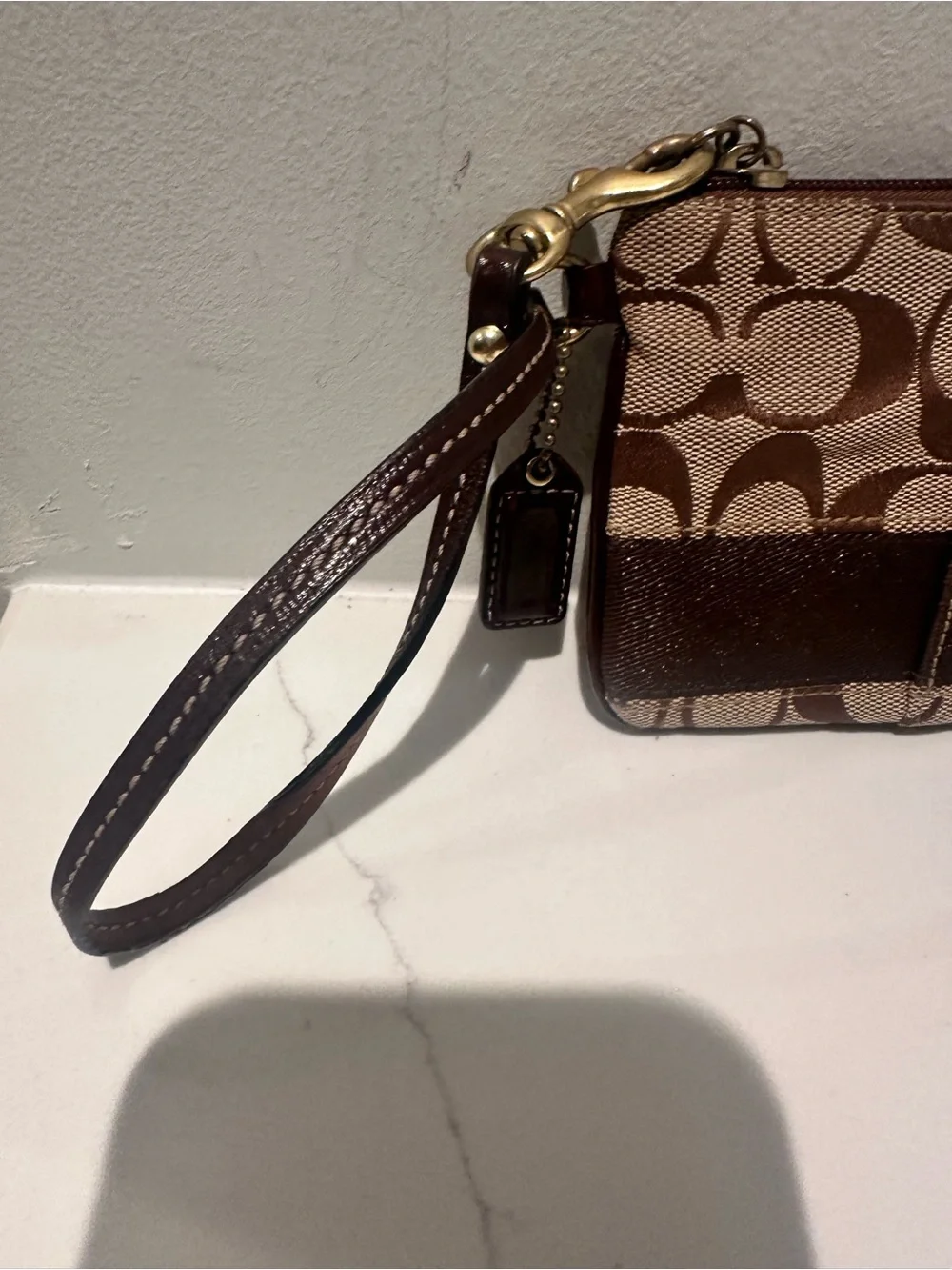 Coach Brown Signature Canvas Wristlet with Dark Brown Trim and coach creed - Picture 2 of 5